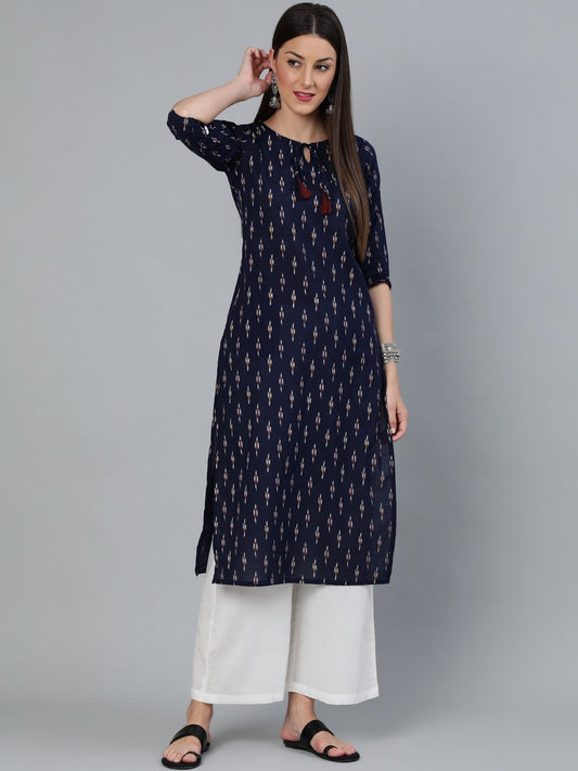 Women Navy Blue Ikat Printed Straight Kurta With Off White Plazo | LASVINI - Redefining Indian Fashion with Elegance