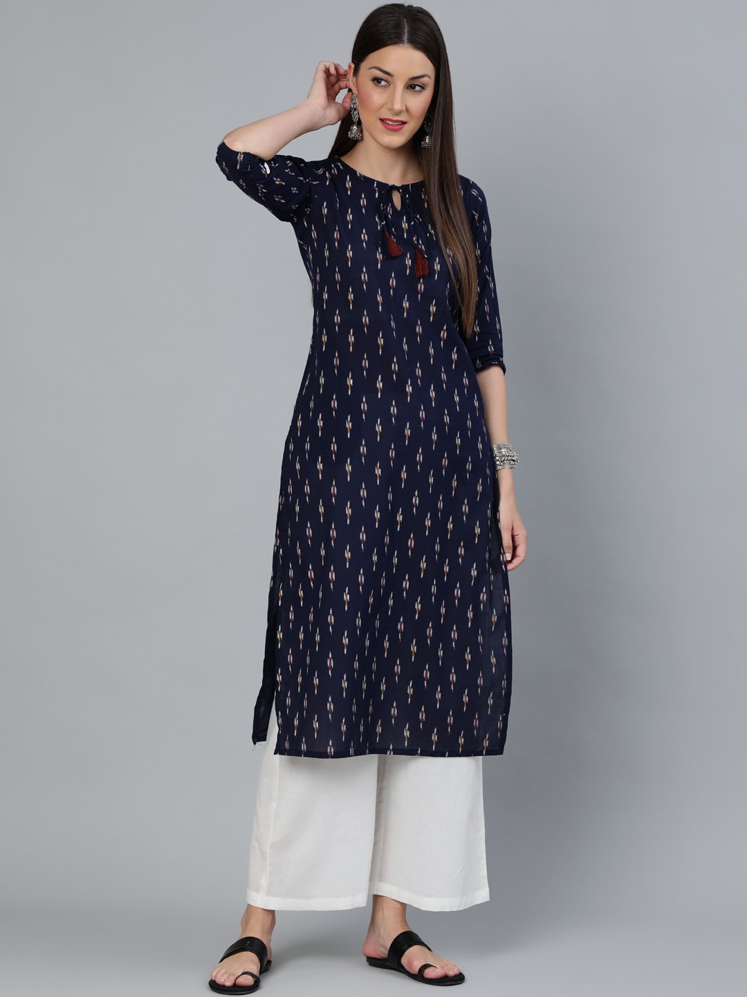 Women Navy Blue Ikat Printed Straight Kurta With Three Quarters Sleeves | LASVINI - Redefining Indian Fashion with Elegance