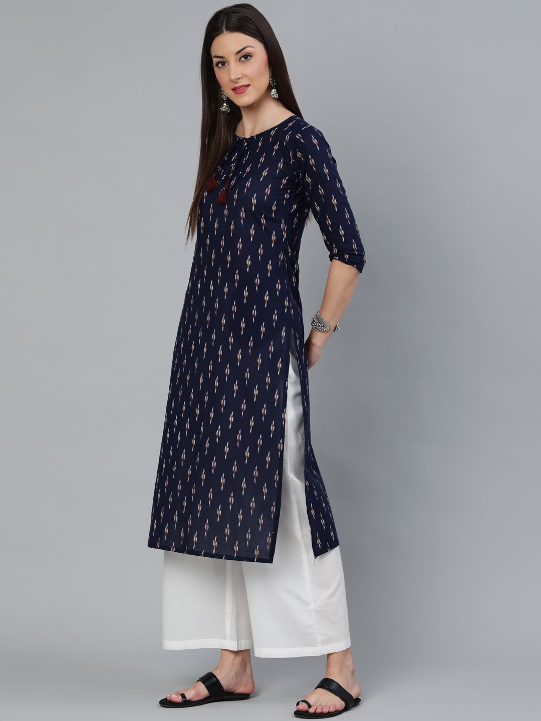 Women Navy Blue Ikat Printed Straight Kurta With Off White Plazo | LASVINI - Redefining Indian Fashion with Elegance