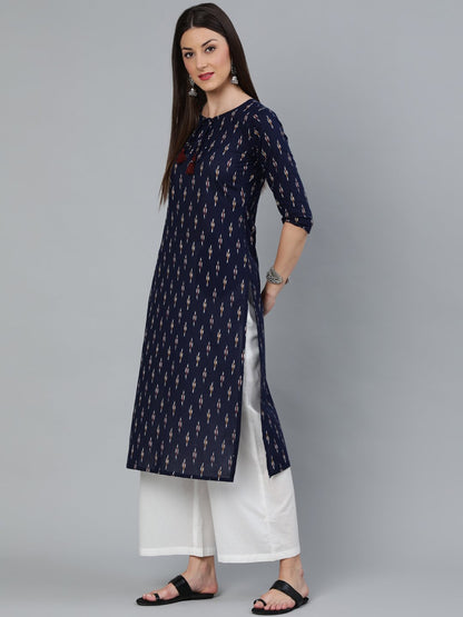 Women Navy Blue Ikat Printed Straight Kurta With Off White Plazo | LASVINI - Redefining Indian Fashion with Elegance