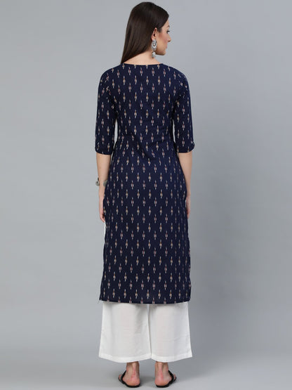Women Navy Blue Ikat Printed Straight Kurta With Off White Plazo | LASVINI - Redefining Indian Fashion with Elegance