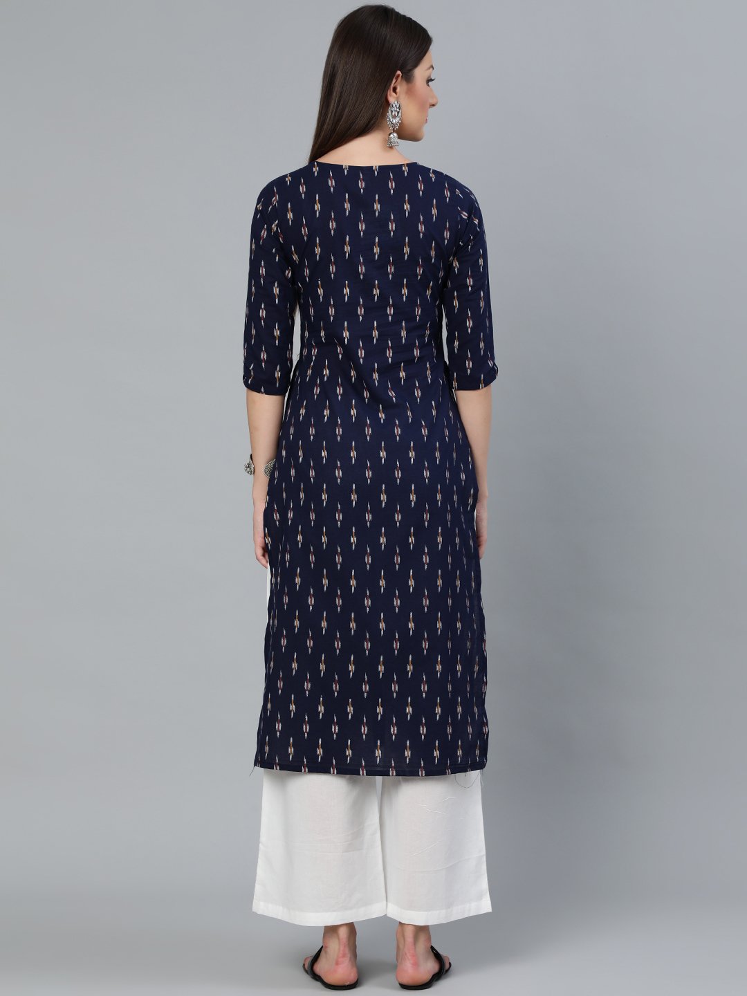 Women Navy Blue Ikat Printed Straight Kurta With Three Quarters Sleeves | LASVINI - Redefining Indian Fashion with Elegance
