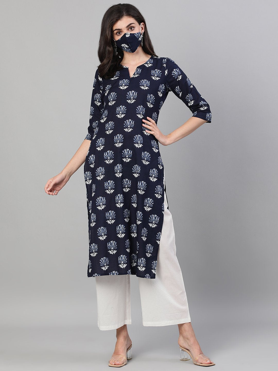 Women Indigo Calf Length Three-Quarter Sleeves Straight Floral Printed Cotton Kurta With Pockets And Face Mask | LASVINI - Redefining Indian Fashion with Elegance