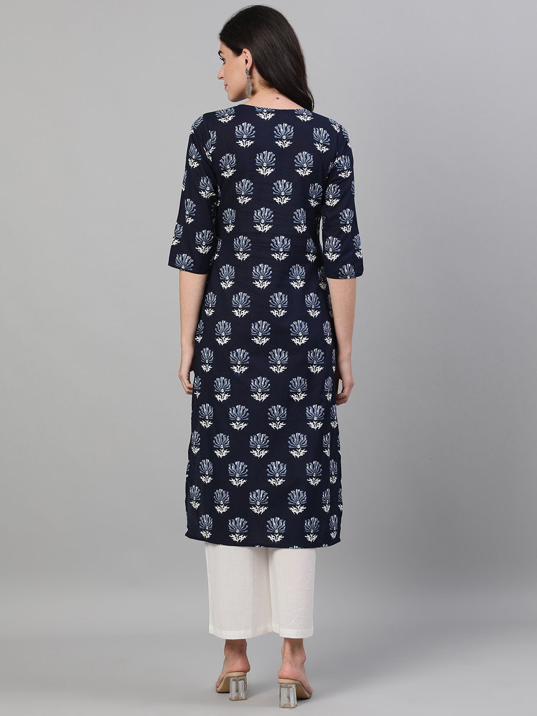 Women Indigo Calf Length Three-Quarter Sleeves Straight Floral Printed Cotton Kurta With Pockets And Face Mask | LASVINI - Redefining Indian Fashion with Elegance