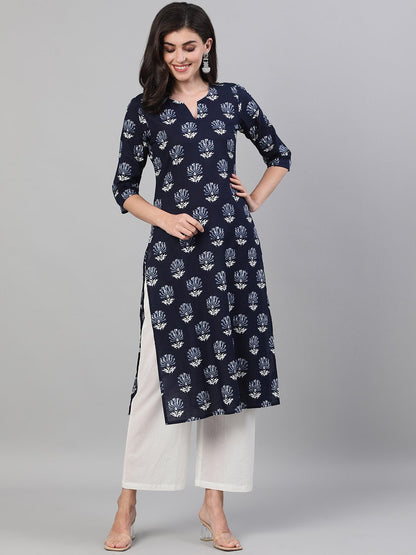 Women Indigo Calf Length Three-Quarter Sleeves Straight Floral Printed Cotton Kurta With Pockets And Face Mask | LASVINI - Redefining Indian Fashion with Elegance