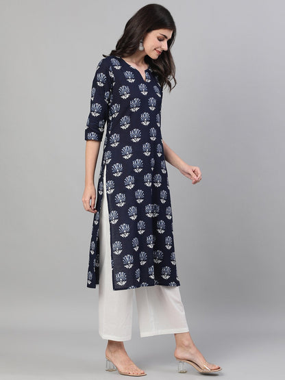Women Indigo Three-Quarter Sleeves Straight Kurta With Palazzo With Pockets And Face Mask | LASVINI - Redefining Indian Fashion with Elegance
