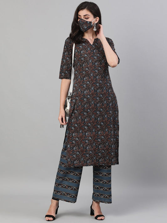 Women Brown And Blue Three-Quarter Sleeves Straight Kurta With Palazzo With Pockets And Face Mask | LASVINI - Redefining Indian Fashion with Elegance