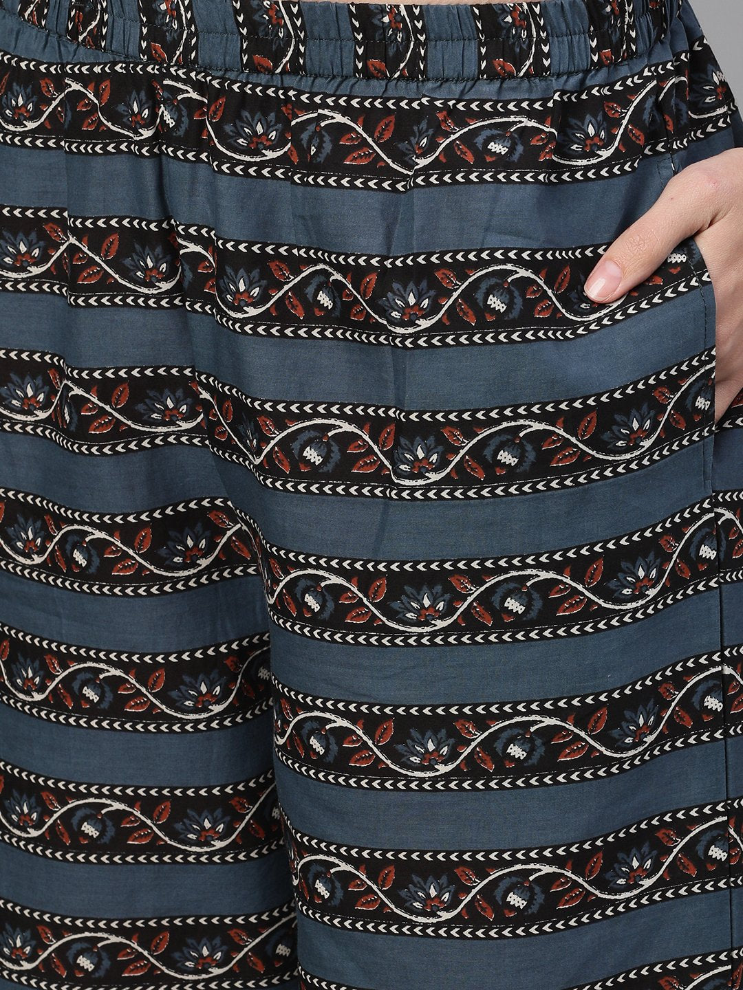 Women Brown And Blue Three-Quarter Sleeves Straight Kurta With Palazzo With Pockets And Face Mask | LASVINI - Redefining Indian Fashion with Elegance