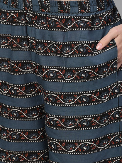 Women Brown And Blue Three-Quarter Sleeves Straight Kurta With Palazzo With Pockets And Face Mask | LASVINI - Redefining Indian Fashion with Elegance