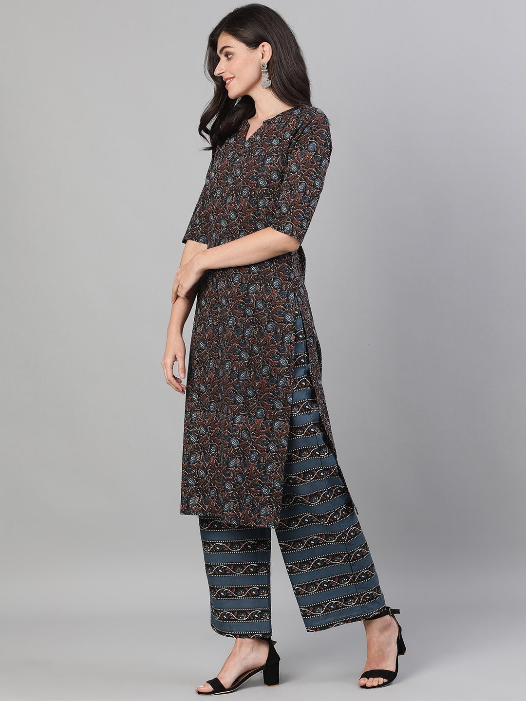 Women Brown And Blue Three-Quarter Sleeves Straight Kurta With Palazzo With Pockets And Face Mask | LASVINI - Redefining Indian Fashion with Elegance