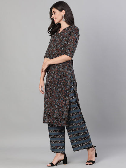 Women Brown And Blue Three-Quarter Sleeves Straight Kurta With Palazzo With Pockets And Face Mask | LASVINI - Redefining Indian Fashion with Elegance