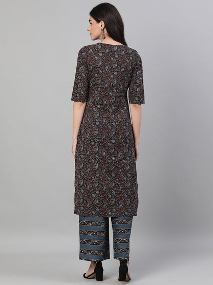 Women Brown And Blue Three-Quarter Sleeves Straight Kurta With Palazzo With Pockets And Face Mask | LASVINI - Redefining Indian Fashion with Elegance