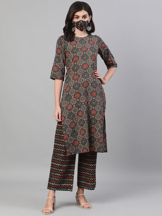 Women Green And Orange Three-Quarter Sleeves Straight Kurta With Palazzo With Pockets And Face Mask | LASVINI - Redefining Indian Fashion with Elegance