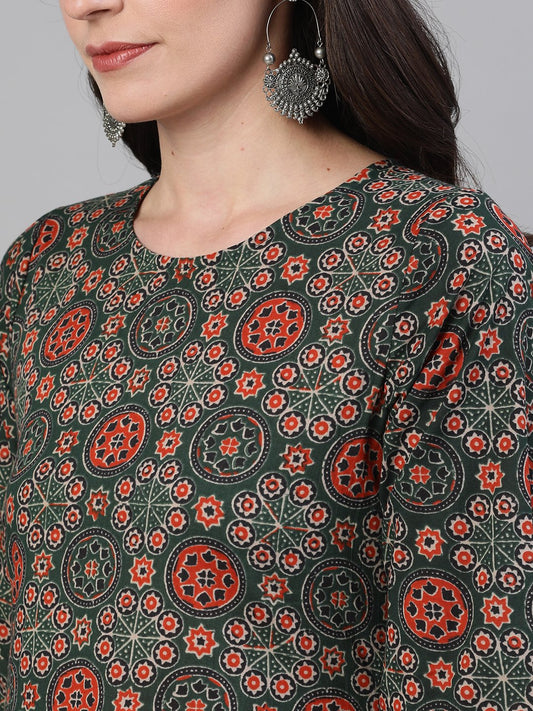 Women Green And Orange Three-Quarter Sleeves Straight Kurta With Palazzo With Pockets And Face Mask | LASVINI - Redefining Indian Fashion with Elegance