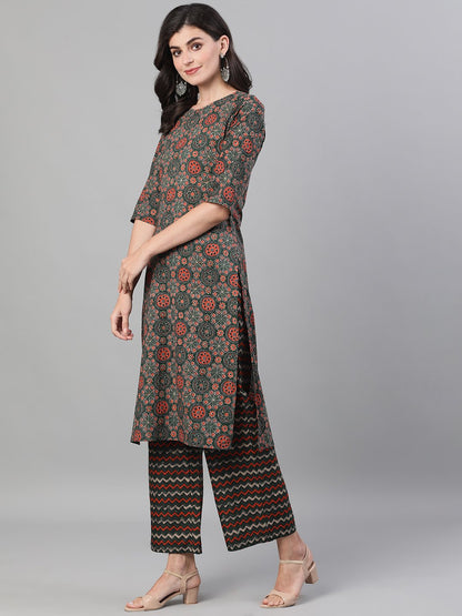 Women Green And Orange Three-Quarter Sleeves Straight Kurta With Palazzo With Pockets And Face Mask | LASVINI - Redefining Indian Fashion with Elegance
