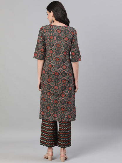 Women Green And Orange Three-Quarter Sleeves Straight Kurta With Palazzo With Pockets And Face Mask | LASVINI - Redefining Indian Fashion with Elegance