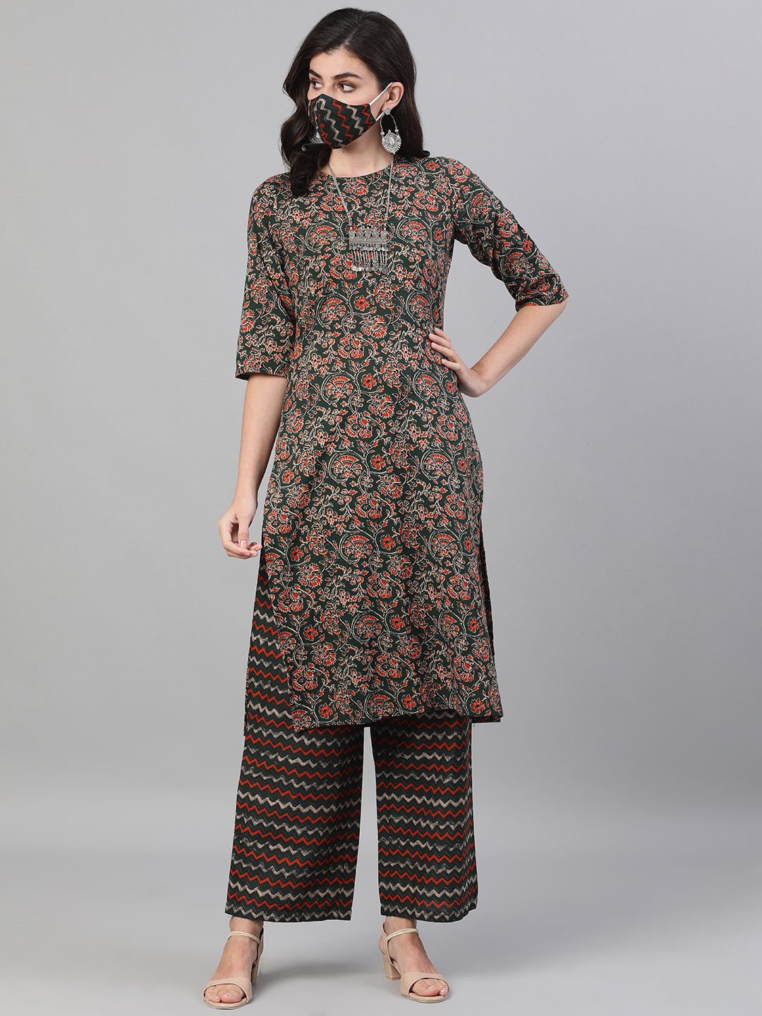 Women Green And Orange Three-Quarter Sleeves Straight Kurta With Palazzo With Pockets And Face Mask | LASVINI - Redefining Indian Fashion with Elegance