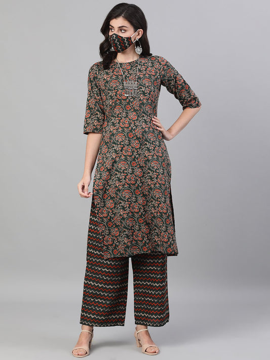 Women Green And Orange Three-Quarter Sleeves Straight Kurta With Palazzo With Pockets And Face Mask | LASVINI - Redefining Indian Fashion with Elegance