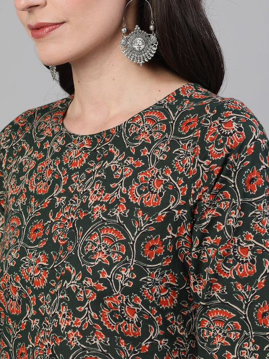 Women Green And Orange Three-Quarter Sleeves Straight Kurta With Palazzo With Pockets And Face Mask | LASVINI - Redefining Indian Fashion with Elegance