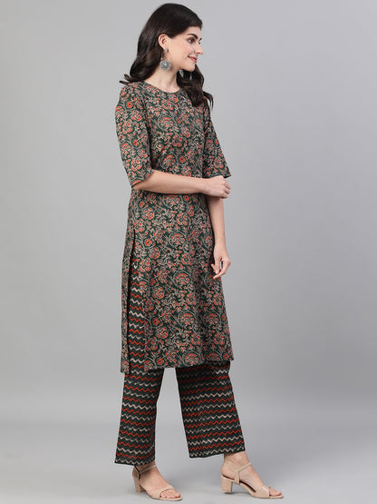 Women Green And Orange Three-Quarter Sleeves Straight Kurta With Palazzo With Pockets And Face Mask | LASVINI - Redefining Indian Fashion with Elegance
