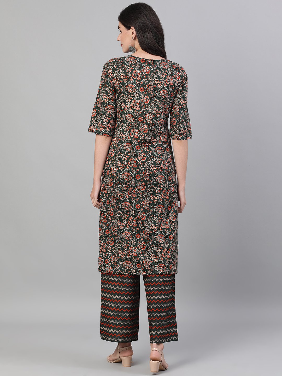 Women Green And Orange Three-Quarter Sleeves Straight Kurta With Palazzo With Pockets And Face Mask | LASVINI - Redefining Indian Fashion with Elegance