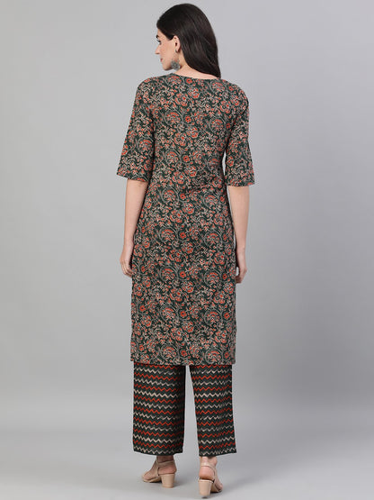 Women Green And Orange Three-Quarter Sleeves Straight Kurta With Palazzo With Pockets And Face Mask | LASVINI - Redefining Indian Fashion with Elegance