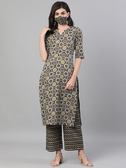 Women Black And Greenthree-Quarter Sleeves Straight Kurta With Palazzo With Pockets And Face Mask | LASVINI - Redefining Indian Fashion with Elegance