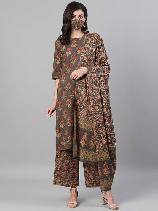 Women Grey And Orange Gold Printed Three-Quarter Sleeves Straight Kurta With Palazzo And Dupatta With Pockets And Face Mask | LASVINI - Redefining Indian Fashion with Elegance