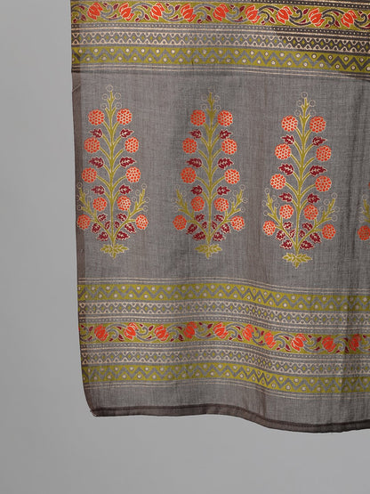 Women Grey And Orange Gold Printed Three-Quarter Sleeves Straight Kurta With Palazzo And Dupatta With Pockets And Face Mask | LASVINI - Redefining Indian Fashion with Elegance