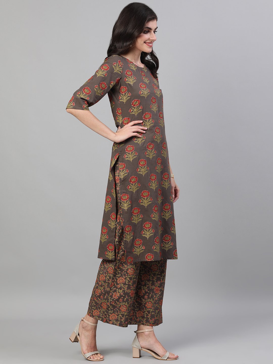 Women Grey And Orange Gold Printed Three-Quarter Sleeves Straight Kurta With Palazzo And Dupatta With Pockets And Face Mask | LASVINI - Redefining Indian Fashion with Elegance