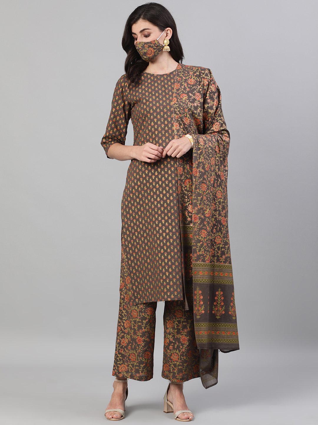 Women Grey And Orange Gold Printed Three-Quarter Sleeves Straight Kurta With Palazzo And Dupatta With Pockets And Face Mask | LASVINI - Redefining Indian Fashion with Elegance