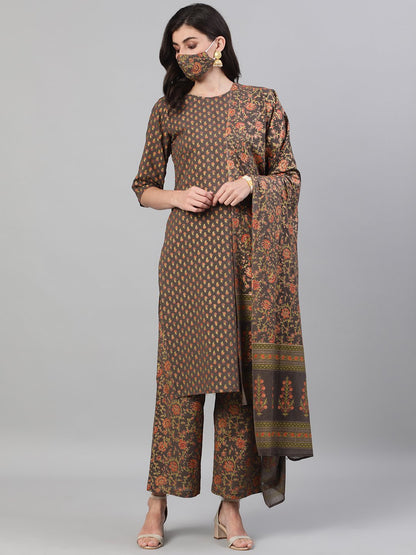 Women Grey And Orange Gold Printed Three-Quarter Sleeves Straight Kurta With Palazzo And Dupatta With Pockets And Face Mask | LASVINI - Redefining Indian Fashion with Elegance