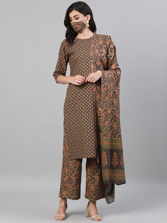 Women Grey And Orange Gold Printed Three-Quarter Sleeves Straight Kurta With Palazzo And Dupatta With Pockets And Face Mask | LASVINI - Redefining Indian Fashion with Elegance