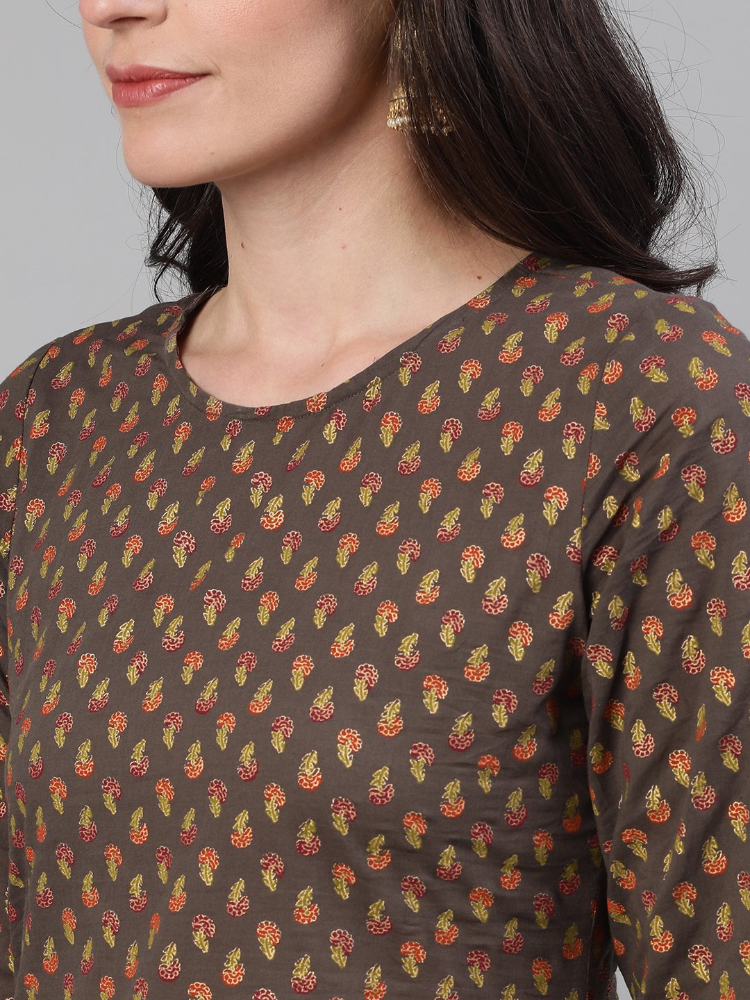 Women Grey And Orange Gold Printed Three-Quarter Sleeves Straight Kurta With Palazzo And Dupatta With Pockets And Face Mask | LASVINI - Redefining Indian Fashion with Elegance