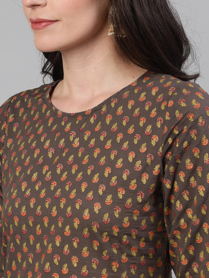 Women Grey And Orange Gold Printed Three-Quarter Sleeves Straight Kurta With Palazzo And Dupatta With Pockets And Face Mask | LASVINI - Redefining Indian Fashion with Elegance