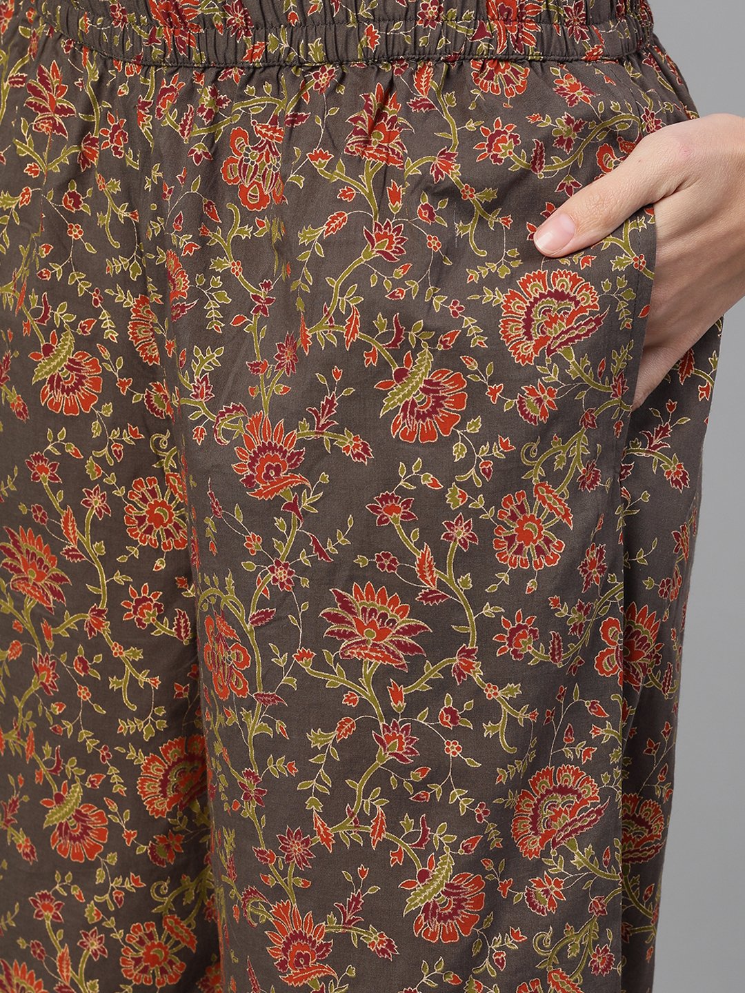 Women Grey And Orange Gold Printed Three-Quarter Sleeves Straight Kurta With Palazzo And Dupatta With Pockets And Face Mask | LASVINI - Redefining Indian Fashion with Elegance