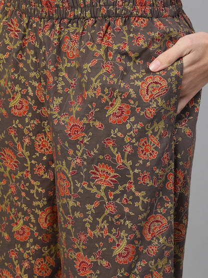 Women Grey And Orange Gold Printed Three-Quarter Sleeves Straight Kurta With Palazzo And Dupatta With Pockets And Face Mask | LASVINI - Redefining Indian Fashion with Elegance