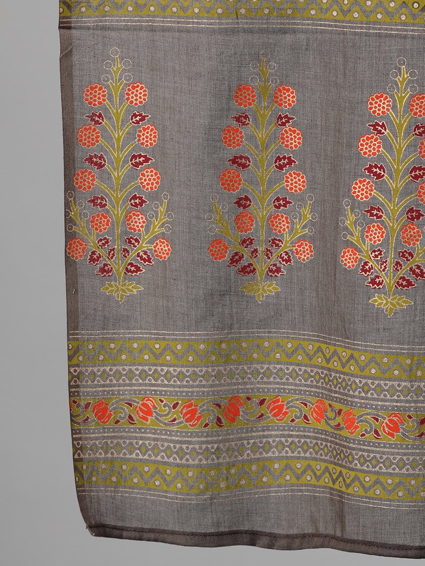 Women Grey And Orange Gold Printed Three-Quarter Sleeves Straight Kurta With Palazzo And Dupatta With Pockets And Face Mask | LASVINI - Redefining Indian Fashion with Elegance