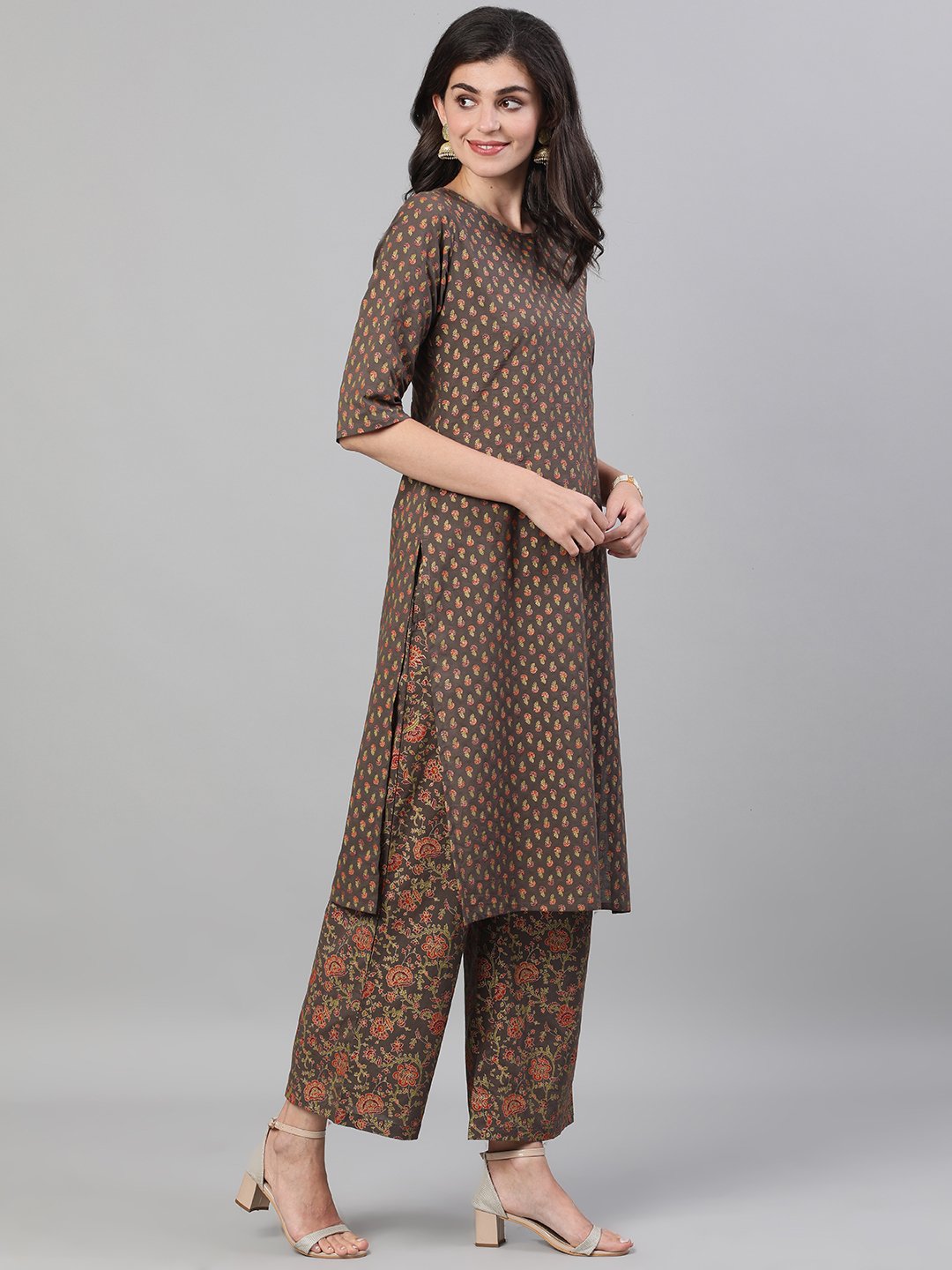 Women Grey And Orange Gold Printed Three-Quarter Sleeves Straight Kurta With Palazzo And Dupatta With Pockets And Face Mask | LASVINI - Redefining Indian Fashion with Elegance