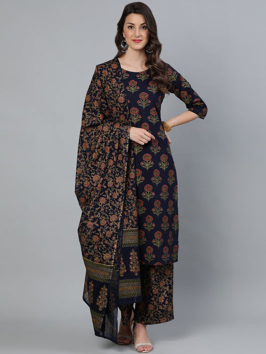 Women Blue And  Gold Printed Traight Kurta With Palazzo & Dupatta | LASVINI - Redefining Indian Fashion with Elegance
