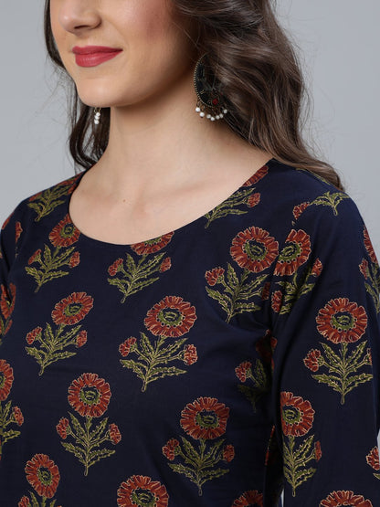 Women Blue And  Gold Printed Traight Kurta With Palazzo & Dupatta | LASVINI - Redefining Indian Fashion with Elegance