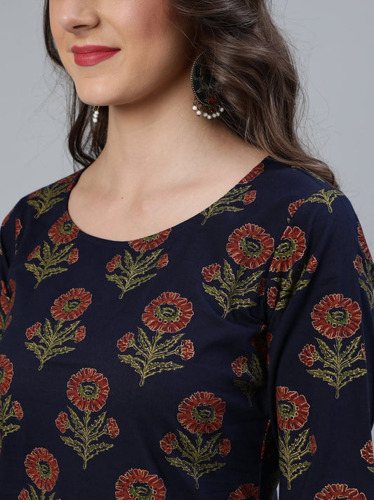 Women Blue And  Gold Printed Traight Kurta With Palazzo & Dupatta | LASVINI - Redefining Indian Fashion with Elegance