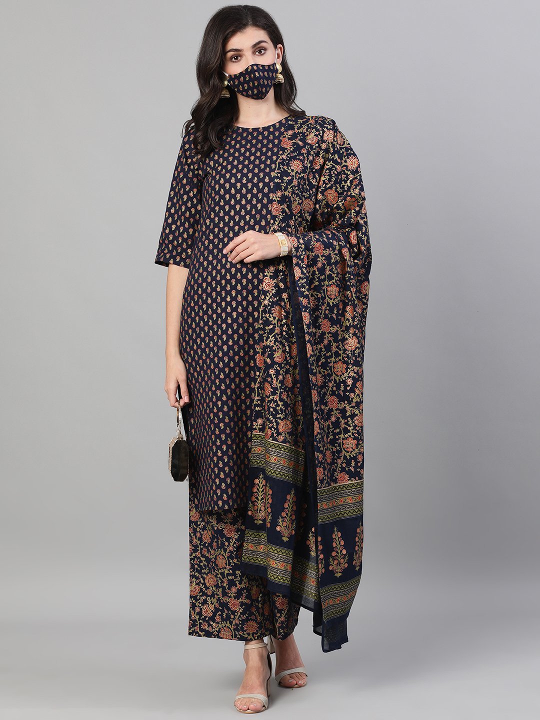 Women Blue And Orange Gold Printed Three-Quarter Sleeves Straight Kurta With Palazzo And Dupatta With Pockets And Face Mask | LASVINI - Redefining Indian Fashion with Elegance