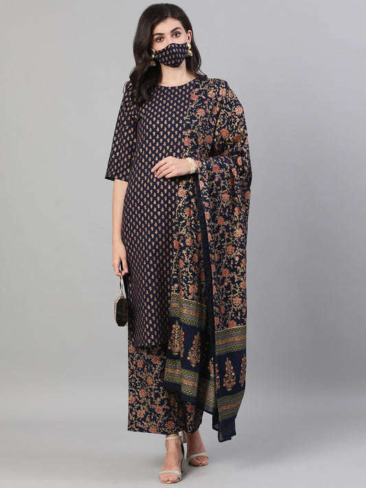 Women Blue And Orange Gold Printed Three-Quarter Sleeves Straight Kurta With Palazzo And Dupatta With Pockets And Face Mask | LASVINI - Redefining Indian Fashion with Elegance