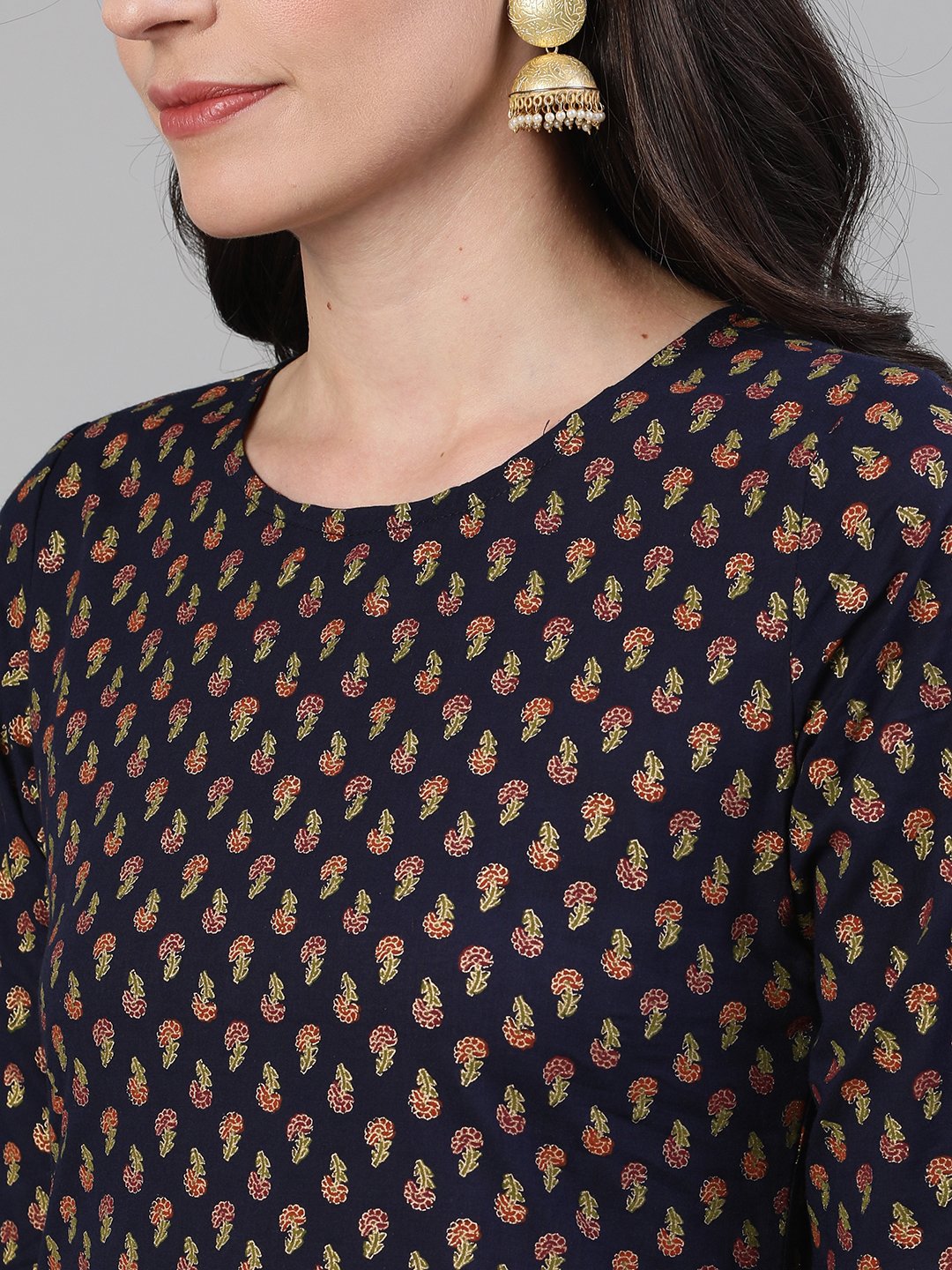 Women Blue And Orange Gold Printed Three-Quarter Sleeves Straight Kurta With Palazzo And Dupatta With Pockets And Face Mask | LASVINI - Redefining Indian Fashion with Elegance