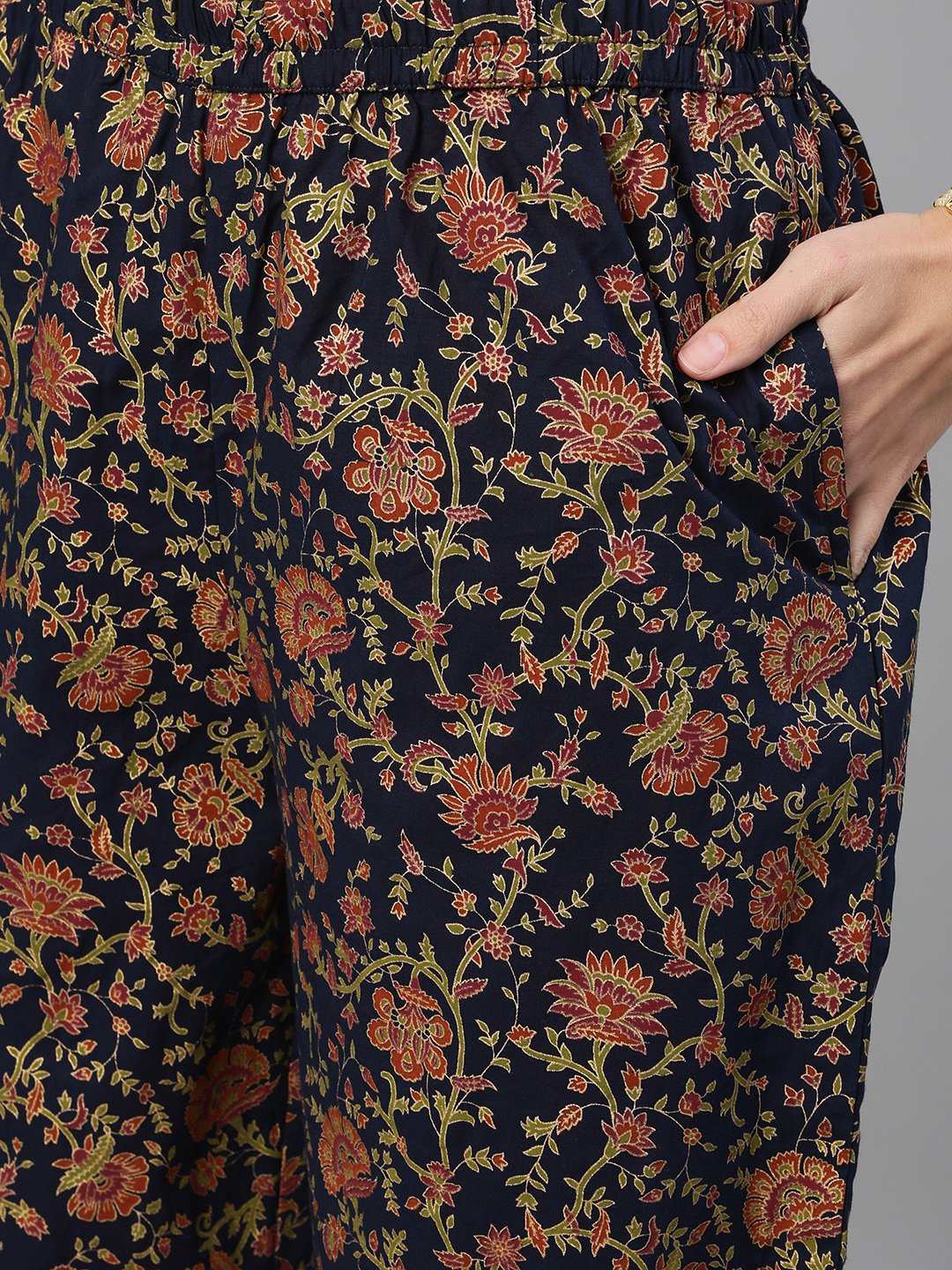 Women Blue And Orange Gold Printed Three-Quarter Sleeves Straight Kurta With Palazzo And Dupatta With Pockets And Face Mask | LASVINI - Redefining Indian Fashion with Elegance