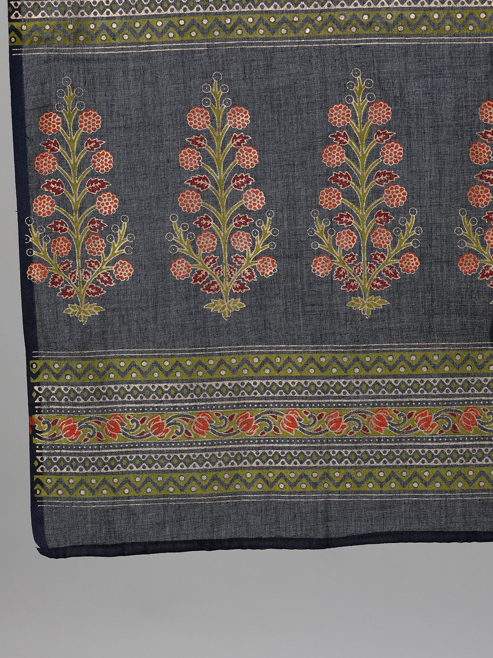 Women Blue And Orange Gold Printed Three-Quarter Sleeves Straight Kurta With Palazzo And Dupatta With Pockets And Face Mask | LASVINI - Redefining Indian Fashion with Elegance