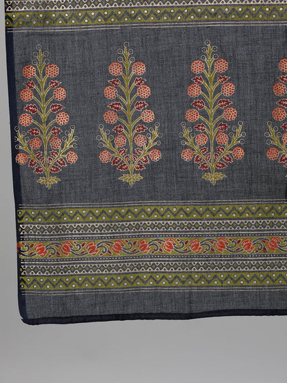 Women Blue And Orange Gold Printed Three-Quarter Sleeves Straight Kurta With Palazzo And Dupatta With Pockets And Face Mask | LASVINI - Redefining Indian Fashion with Elegance