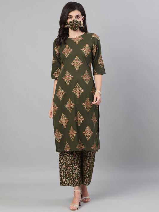 Women Mehendi Green And Pink Gold Printed Three-Quarter Sleeves Straight Kurta With Palazzo With Pockets And Face Mask | LASVINI - Redefining Indian Fashion with Elegance
