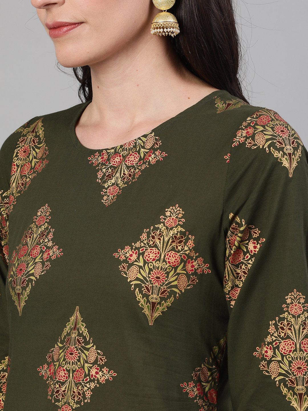Women Mehendi Green And Pink Gold Printed Three-Quarter Sleeves Straight Kurta With Palazzo With Pockets And Face Mask | LASVINI - Redefining Indian Fashion with Elegance